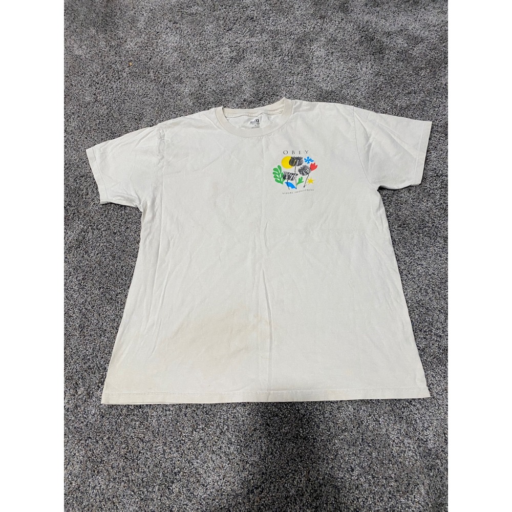 Obey Visual Industries Graphic T-Shirt Mens‎ Large Cream Floral Streetwear L